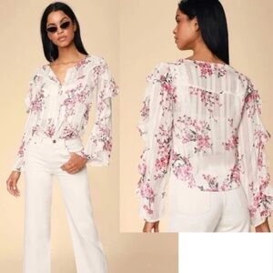 Lulus Tender Love White Floral Print Ruffled Sleeve Button-Up Blouse Size XS